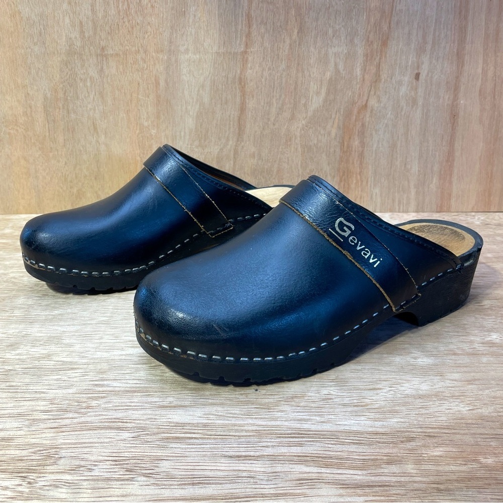 Gevavi Women’s Clog Mule Size 42 Dutch Wooden Leather Cowhide Black Closed